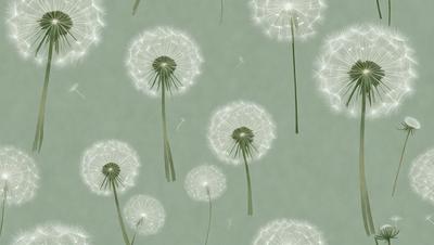 The primary subject of the image is a group of dandelions, with each dandelion being a different size and positioned on a green background. The visual style of the image is a pattern, and the colors and mood are predominantly white and green, giving the scene a natural and serene atmosphere.