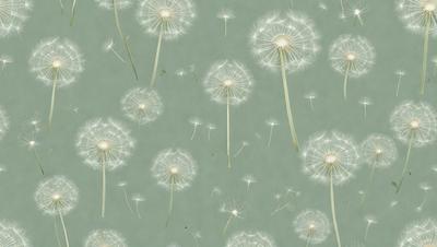 The primary subject of the image is a pattern of dandelions, with multiple dandelions scattered across the scene. The setting is a blue background, which adds a sense of depth and contrast to the image. The visual style is a combination of photo and digital art, creating a unique and eye-catching design. The colors and mood of the image are predominantly white and light blue, giving it a clean and fresh appearance.