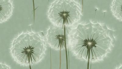 The primary subject of the image is a group of dandelions, with each dandelion being a different stage of growth. The setting is a green background, which provides a natural and vibrant atmosphere. The visual style is a combination of photo and digital art, creating a realistic yet artistic representation of the dandelions. The colors and mood are predominantly green, with the dandelions being the main focus of the image.