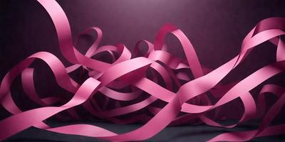 The primary subject of the image is a large pink ribbon. The ribbon is wound up and appears to be in a pile. The setting is a dark background, which contrasts with the bright pink color of the ribbon. The visual style of the image is a close-up of the pink ribbon, showcasing its texture and details. The colors and mood of the image are predominantly pink, creating a warm and inviting atmosphere.