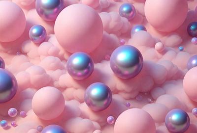 The primary subject of the image is a large group of pink and purple balls, which are floating in a pink and purple cloud. The setting appears to be a surreal, dream-like environment, with the balls and cloud filling the entire frame. The visual style is a combination of digital art and illustration, creating a vibrant and whimsical atmosphere. The dominant colors in the image are pink and purple, which evoke a sense of warmth and softness.
