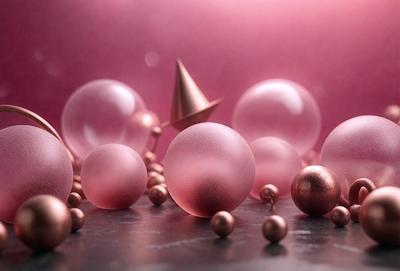 The primary subject of the image is a group of pink and gold spheres, which are arranged on a black surface. The setting is a pink background, and the visual style appears to be a combination of photo and digital art. The colors and mood of the image are predominantly pink and gold, creating a warm and inviting atmosphere.