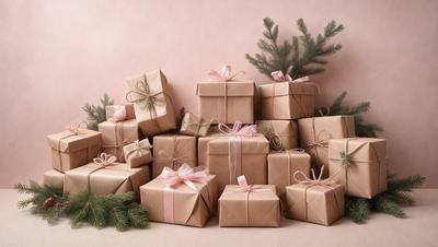 The primary subject of the image is a large pile of brown and pink wrapped presents. The presents are arranged in a visually appealing manner, creating a sense of abundance and festivity. The setting is a pink background, which adds to the warm and inviting atmosphere of the scene. The visual style is a combination of photo and digital art, as the presents are realistically rendered while the background is painted. The colors and mood of the image are predominantly warm and cozy, with the brown and p