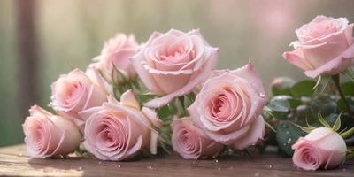 The primary subject of the image is a bouquet of pink roses. The setting is a wooden table, and the visual style is a close-up of the flowers. The dominant colors are pink and white, creating a soft and delicate atmosphere.