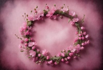 The primary subject of the image is a wreath made of pink flowers. The wreath is placed on a pink background, which adds a warm and vibrant touch to the scene. The visual style of the image is a close-up of the wreath, showcasing the details of the flowers and their arrangement. The colors and mood of the image are predominantly pink, creating a sense of freshness and elegance.