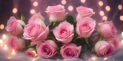 The primary subject of the image is a bouquet of pink roses. The setting is a vase filled with water, and the visual style is a close-up of the flowers. The bouquet is placed on a table, and the overall atmosphere is one of beauty and elegance.