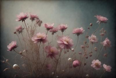 The primary subject of the image is a field of pink flowers, with a total of 13 flowers visible in various positions. The setting is a blue background, which adds a contrasting and calming effect to the scene. The visual style is a close-up of the flowers, showcasing their beauty and details. The colors and mood of the image are predominantly pink, creating a serene and peaceful atmosphere.