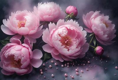 The primary subject of the image is a group of pink flowers, which are the main objects in the scene. The flowers are arranged in a visually appealing manner, creating a sense of beauty and harmony. The setting is a dark background, which contrasts with the vibrant pink color of the flowers, adding depth and drama to the image. The visual style of the image is a painting, which showcases the artist's skill in capturing the delicate details of the flowers and their arrangement. The colors and m