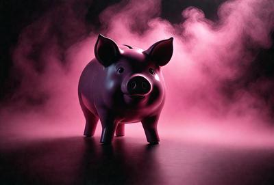 The primary subject of the image is a pink piggy bank. The setting is a dark room with a purple fog, creating a mysterious and moody atmosphere. The visual style is a combination of photo and digital art, giving the image a unique and artistic appearance. The colors and mood are predominantly purple and dark, with the pink piggy bank standing out as the focal point of the scene.