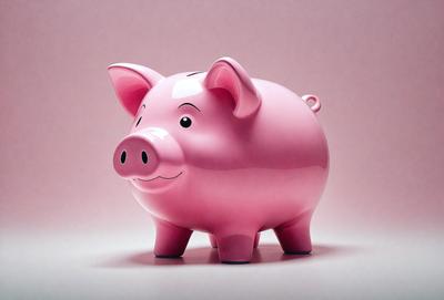 The primary subject of the image is a pink piggy bank, which is the main object in the scene. The setting is a white background, and the visual style is a digital illustration. The colors and mood of the image are predominantly pink, giving it a cheerful and playful atmosphere.