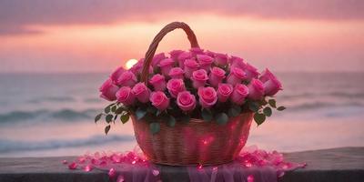 The primary subject of the image is a basket filled with pink roses. The basket is placed on a table, and the setting appears to be a beach, as the sun is setting in the background. The visual style of the image is a photo, capturing the beauty of the roses and the serene beach atmosphere. The dominant colors in the image are pink and various shades of the sunset, creating a warm and romantic mood.