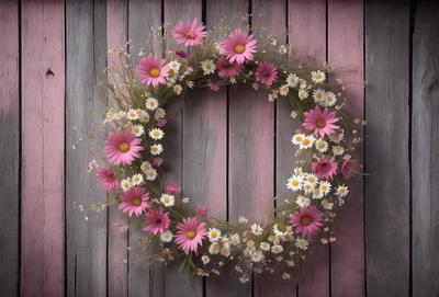 The primary subject of the image is a pink flower wreath. The wreath is made of pink flowers and is placed on a pink wall. The setting is a pink wall, which serves as the background for the wreath. The visual style of the image is a photo, capturing the beauty of the pink flower wreath. The colors and mood of the image are predominantly pink, creating a warm and inviting atmosphere.