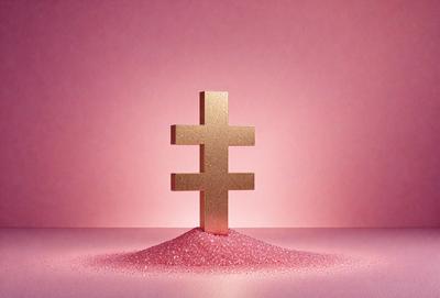 The primary subject of the image is a gold cross, which is the main object, scene, or focus of the image. The setting is a pink background, and the visual style is a photo. The colors and mood of the image are predominantly pink, creating a warm and inviting atmosphere.