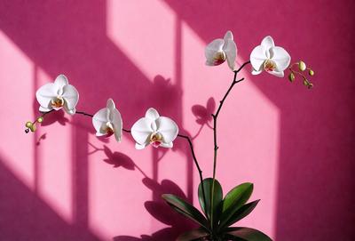 The primary subject of the image is a bouquet of white orchids. The orchids are arranged in a vase and are placed against a pink wall. The setting appears to be a room with a window, as the orchids are positioned in front of it. The visual style of the image is a photo, capturing the beauty of the orchids and their surroundings. The colors and mood of the image are predominantly pink, creating a warm and inviting atmosphere.