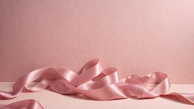 The primary subject of the image is a pink ribbon. The ribbon is wound around a pink surface, creating a visually appealing and elegant presentation. The setting appears to be a pink background, which complements the color of the ribbon. The visual style of the image is a close-up of the pink ribbon, emphasizing its texture and details. The colors and mood of the image are predominantly pink, creating a warm and inviting atmosphere.