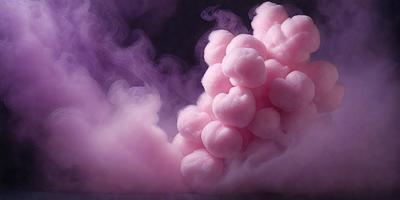 The primary subject of the image is a large pink cloud, which appears to be a smoke effect or a digital art creation. The cloud is floating in a purple background, creating a visually striking scene. The visual style of the image is digital art, as it features a unique and artistic representation of the cloud. The dominant colors in the image are pink and purple, giving it a vibrant and lively atmosphere.