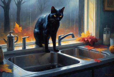 The primary subject of the image is a black cat sitting on a kitchen sink. The setting is a kitchen with a window nearby. The visual style is a painting, which gives the image a more artistic and detailed appearance. The dominant colors are black and orange, creating a contrast between the cat and the surrounding environment. The overall atmosphere of the image is calm and serene, as the cat appears to be relaxing in the kitchen.