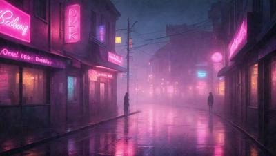 The primary subject of the image is a person walking down a rain-soaked street at night. The setting is a city street with buildings and neon lights, creating a moody atmosphere. The visual style is a combination of photo and digital art, giving the image a unique and artistic appearance. The dominant colors are pink and purple, which are often associated with nighttime cityscapes and the glow of neon lights.