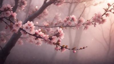 The primary subject of the image is a tree filled with pink flowers. The tree is surrounded by a foggy, misty environment, creating a serene and dreamy atmosphere. The visual style of the image is a combination of photo and digital art, as it captures the beauty of the tree and its flowers in a realistic yet artistic manner. The dominant colors in the image are pink and white, which are the colors of the flowers and the foggy background.