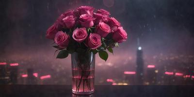 The primary subject of the image is a vase filled with pink roses. The setting is a dark room, possibly a night scene, with a cityscape visible in the background. The visual style appears to be a photo, capturing the beauty of the roses and the vase. The colors and mood of the image are predominantly dark and moody, with the pink roses providing a touch of warmth and life.