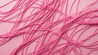 The primary subject of the image is a close-up of a pink, wavy, and curly mass of pink string or yarn. The setting is a pink surface, which provides a contrasting background for the string. The visual style is a close-up of the string, showcasing its texture and pattern. The colors and mood of the image are predominantly pink, creating a warm and inviting atmosphere.