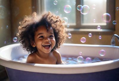 The primary subject of the image is a young child, a little girl, who is sitting in a bathtub filled with bubbles. The setting is a bathroom, and the visual style appears to be a photo. The colors and mood of the image are bright and cheerful, as the little girl is smiling and enjoying her time in the bubbly water.