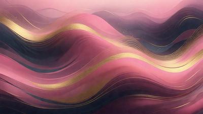 The primary subject of the image is a painting of a wave, featuring a mix of pink and gold colors. The setting is a pink background, and the visual style is a digital art or illustration. The dominant colors and overall atmosphere of the painting are warm and inviting, with the pink hues creating a sense of calmness and the gold accents adding a touch of luxury.