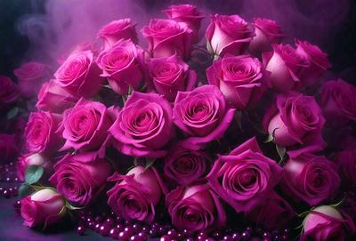 The primary subject of the image is a bouquet of purple roses. The setting is a dark room, and the visual style is a close-up of the flowers. The dominant colors are purple and pink, creating a romantic and elegant atmosphere.