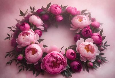 The primary subject of the image is a beautiful pink flower arrangement. The flowers are arranged in a circular pattern, creating a visually appealing and elegant display. The setting is a pink background, which complements the vibrant colors of the flowers. The visual style of the image is a close-up, allowing the viewer to appreciate the intricate details of the flowers. The dominant colors in the image are pink and purple, creating a warm and inviting atmosphere.