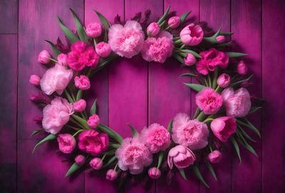 The primary subject of the image is a pink wreath made of flowers, including pink tulips. The wreath is placed on a pink background, which adds to the overall color scheme and mood of the image. The visual style of the image is a close-up of the wreath, showcasing the details of the flowers and their arrangement. The colors and mood of the image are predominantly pink, creating a warm and inviting atmosphere.