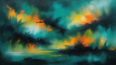 The primary subject of the image is a painting of a forest with trees and a body of water. The setting is a forest with a body of water, and the visual style is a painting. The colors and mood of the painting are predominantly blue, green, and orange, creating a serene and natural atmosphere.