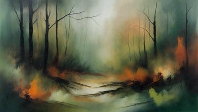The primary subject of the image is a forest scene with a river flowing through it. The setting is a forest with trees surrounding the river. The visual style is a painting, which gives the image a more artistic and detailed appearance. The colors and mood of the image are predominantly green and serene, creating a peaceful and natural atmosphere.