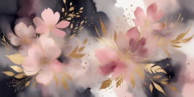 The primary subject of the image is a beautifully drawn pink flower. The setting is a black and white background, which adds a sense of contrast and elegance to the scene. The visual style is a combination of digital art and illustration, creating a unique and artistic representation of the flower. The dominant colors are pink and gold, giving the image a warm and inviting atmosphere.