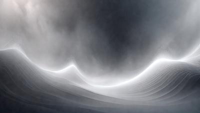 The primary subject of the image is a white, swirling pattern that resembles a wave or a cloud. The setting is a dark, cloudy sky, which creates a dramatic contrast with the white pattern. The visual style is a combination of digital art and illustration, giving the image a unique and artistic appearance. The dominant colors are white and dark shades, creating a sense of depth and contrast in the image.