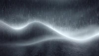 The primary subject of the image is a mountainous landscape, with a large, illuminated mountain in the center. The mountain is surrounded by a dark, rainy sky, creating a dramatic and moody atmosphere. The setting is a nighttime scene, with the mountain's light shining through the darkness. The visual style of the image is a combination of photo and digital art, as it captures the mountain's light and the surrounding darkness. The colors and mood of the image are predominantly dark, with the