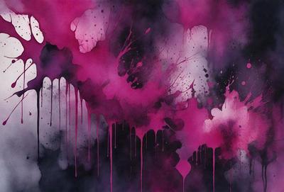 The primary subject of the image is a painting featuring a pink background with splashes of red and purple. The setting is a canvas, and the visual style is a painting. The colors and mood of the painting are predominantly pink and purple, creating a warm and inviting atmosphere.