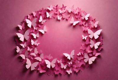 The primary subject of the image is a large, pink heart-shaped arrangement of pink butterfly cutouts. The heart is made up of numerous pink butterfly cutouts, creating a visually appealing and playful display. The setting is a pink background, which complements the vibrant colors of the butterflies. The visual style of the image is a combination of digital art and illustration, as the butterfly cutouts are carefully arranged to form the heart shape. The colors and