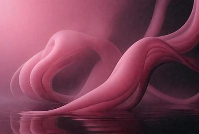 The primary subject of the image is a large, pink, swirling, and curling mass of pink and purple colors. The setting appears to be a dark, moody environment, possibly a night sky. The visual style of the image is a combination of digital art and illustration, creating a surreal and dreamy atmosphere. The dominant colors in the image are pink and purple, giving the scene a soft and ethereal quality.