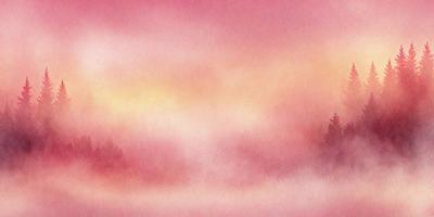 The primary subject of the image is a beautifully painted sky with clouds. The sky is pink, which adds a warm and inviting atmosphere to the scene. The setting is a foggy landscape, with trees visible in the background. The visual style of the image is a combination of painting and digital art, creating a unique and captivating scene. The colors and mood of the image are serene and calming, making it an ideal representation of a peaceful and tranquil moment.