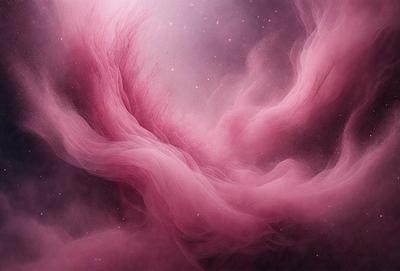 The primary subject of the image is a pink, flowing, and swirling mass of clouds. The setting is a dark, starry sky, which serves as the backdrop for the clouds. The visual style is a combination of a photo and digital art, creating a unique and captivating scene. The dominant colors are pink and purple, giving the image a soft and dreamy atmosphere.