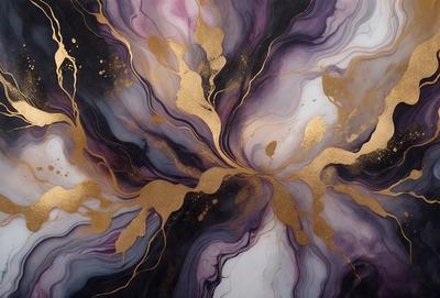 The primary subject of the image is a painting featuring a gold and purple flower. The setting is a canvas, and the visual style appears to be a combination of digital art and illustration. The dominant colors in the painting are gold and purple, creating a warm and vibrant atmosphere.