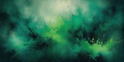 The primary subject of the image is a green, swirling, and somewhat messy painting. The setting is a canvas, and the visual style appears to be a painting or drawing. The colors and mood of the painting are predominantly green, creating a lively and vibrant atmosphere.