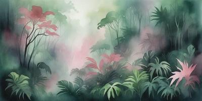 The primary subject of the image is a lush, green forest filled with various plants and trees. The setting is a dense, foggy forest with a misty atmosphere. The visual style is a combination of digital art and illustration, creating a vibrant and detailed scene. The colors and mood are predominantly green, with a touch of pink, giving the image a serene and natural ambiance.