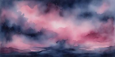 The primary subject of the image is a beautifully painted sky with clouds and a pink hue. The setting is a cloudy night, and the visual style is a watercolor painting. The colors and mood of the painting are predominantly pink, creating a serene and calming atmosphere.