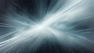 The primary subject of the image is a bright, white light that appears to be a blur or a streak. The light is located in the center of the image, and it seems to be moving or expanding. The setting is a dark, cloudy sky, which provides a contrasting background for the light. The visual style of the image is a combination of a photo and digital art, as it captures the motion and intensity of the light. The colors and mood of the image are predominantly dark and moody,