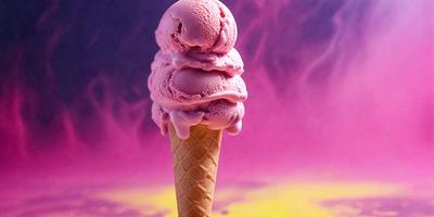 The primary subject of the image is a large pink ice cream cone, which is the main focus of the scene. The cone is placed on a purple background, creating a vibrant and eye-catching visual effect. The ice cream cone appears to be a photo, capturing the details and colors of the dessert. The overall atmosphere of the image is lively and fun, with the bright colors and the playful presentation of the ice cream cone.