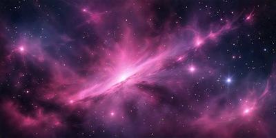 The primary subject of the image is a purple nebula, which is a cloud of gas and dust in space. The setting is a dark, star-filled sky, with the nebula being the main focus of the image. The visual style is a combination of a photo and digital art, creating a unique and captivating representation of the nebula. The colors and mood of the image are predominantly purple, giving it a serene and celestial atmosphere.
