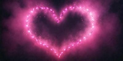 The primary subject of the image is a heart-shaped design, which is a digital art or illustration. The heart is pink and has a glowing effect, giving it a warm and inviting atmosphere. The setting or background of the image is a dark or black background, which contrasts with the bright pink heart. The visual style of the image is a creative and artistic representation of a heart, likely used for decoration or as a symbol of love.