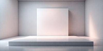The primary subject of the image is a white board or canvas, which is placed on a table. The setting is a room with a wall, and the visual style appears to be a photo. The colors in the image are predominantly white, giving it a clean and minimalist appearance. The overall mood of the image is calm and uncluttered.