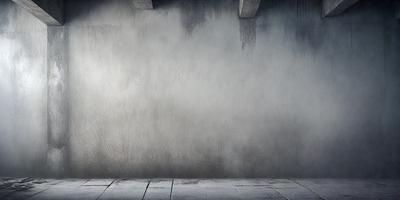 The primary subject of the image is a person standing in front of a wall. The setting is a room with a concrete wall, and the visual style appears to be a photo. The colors and mood of the image are predominantly gray, giving it a somewhat dull and somber atmosphere.